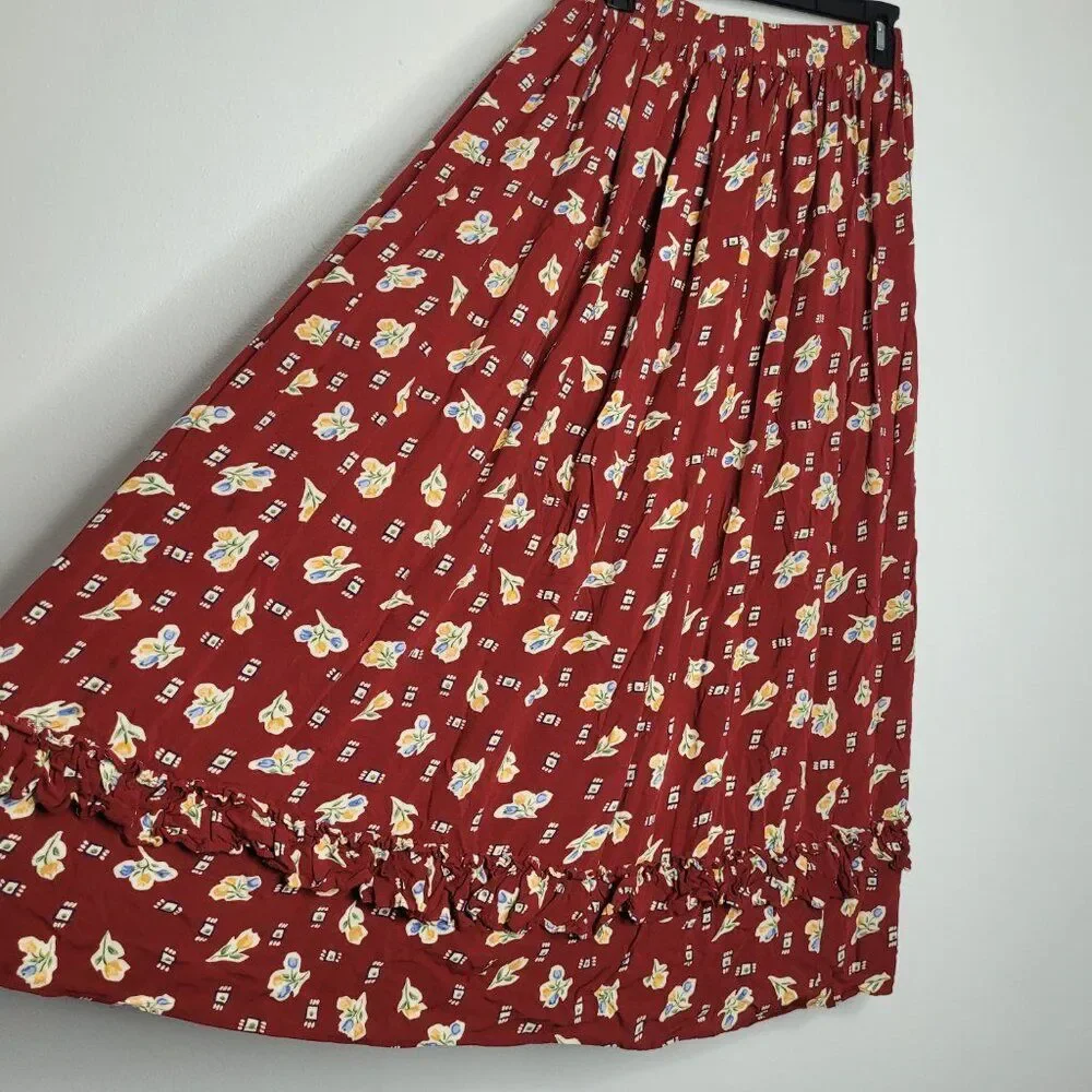 Vintage 90s red boho praire cottagecore maxi pull on tradewife tiered skirt 8